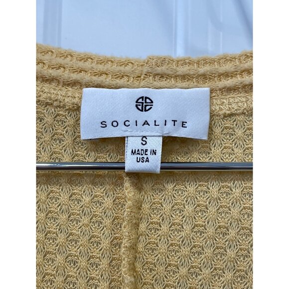 Socialite Top Size Small Short Sleeve Button Front Waffle Knit Tie Front Yellow - Picture 3 of 6